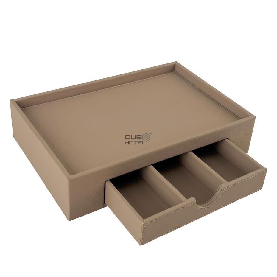 Tray with Drawer Faux Leather Sand or Black 30x20x8cm