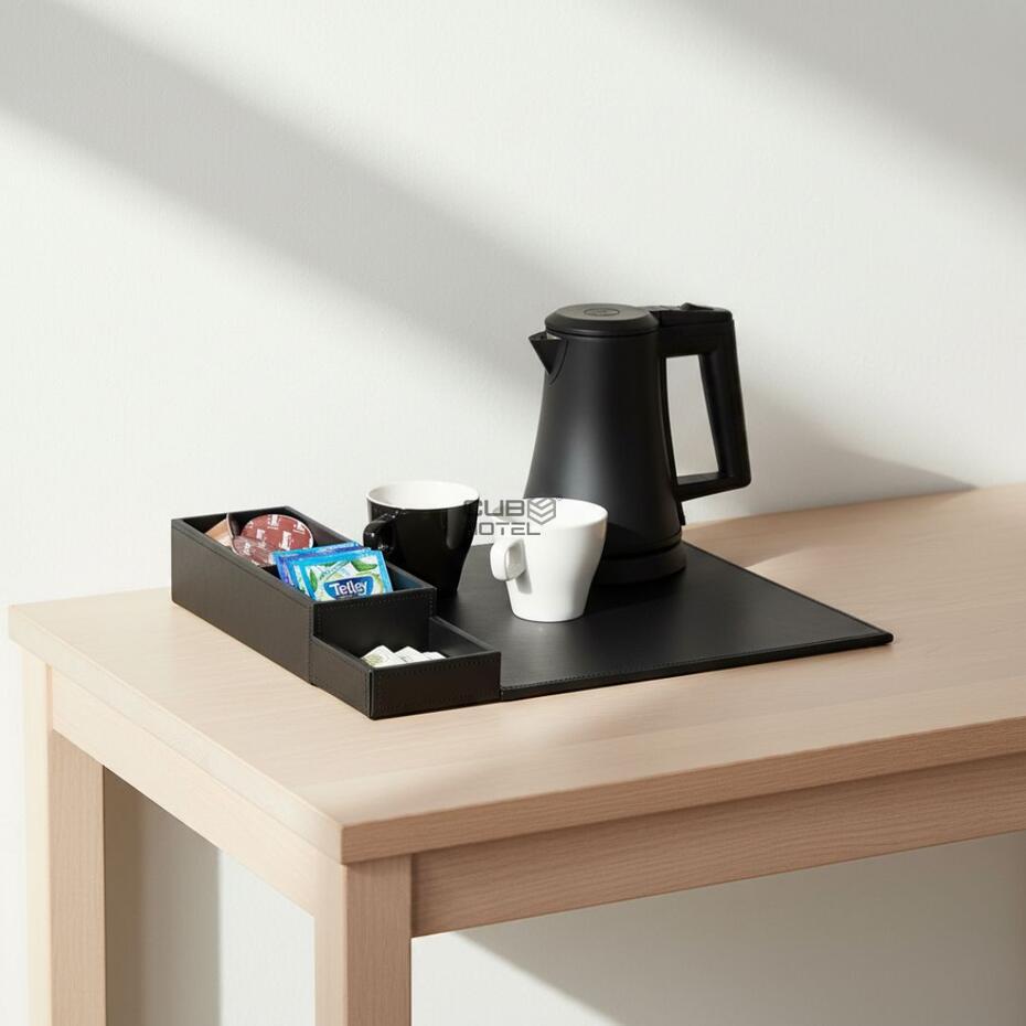 Black Synthetic Leather Tray with Black Kettle 0.5L