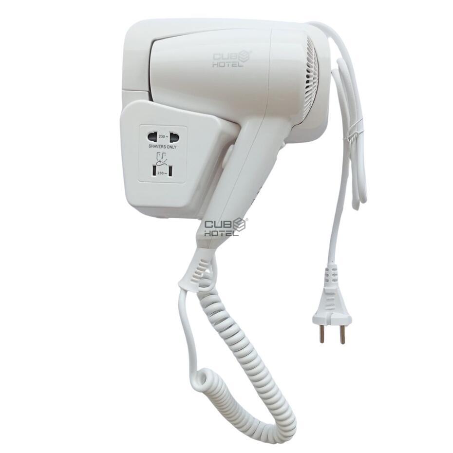 Secador Cabelo Parede 1200W com tomada máquina barbear 220V WC Hotel