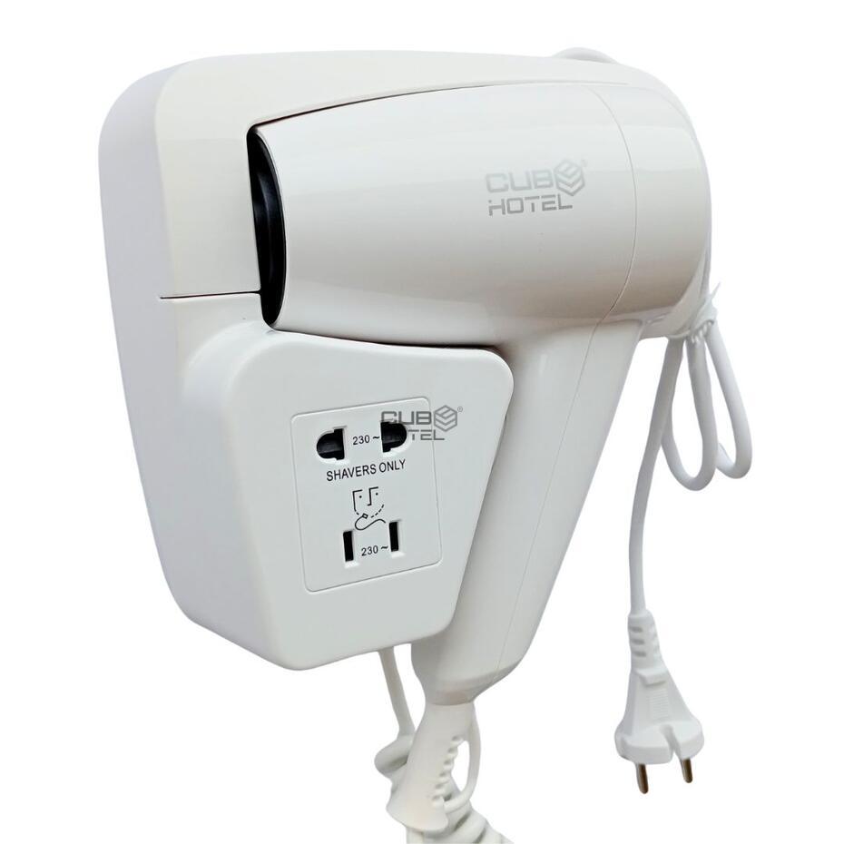 Secador Cabelo Parede 1200W com tomada máquina barbear 220V WC Hotel