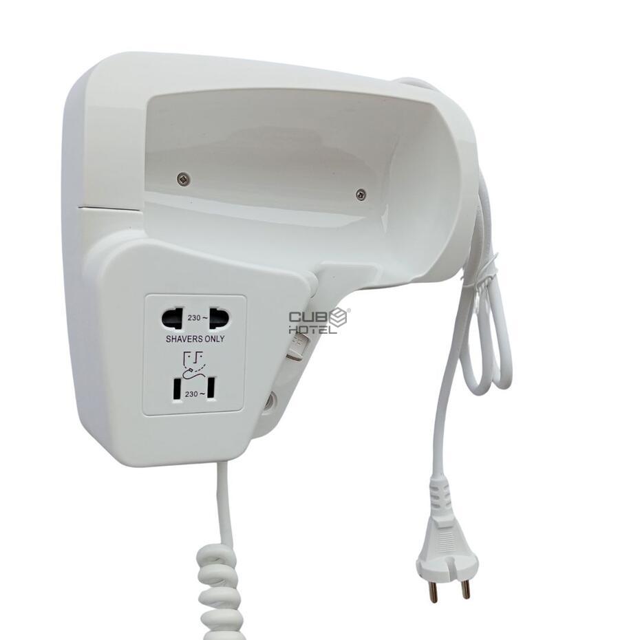 Secador Cabelo Parede 1200W com tomada máquina barbear 220V WC Hotel