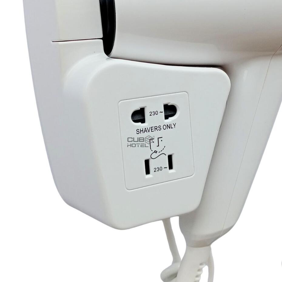 Secador Cabelo Parede 1200W com tomada máquina barbear 220V WC Hotel