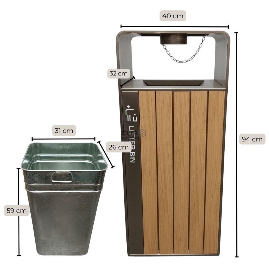 Stainless Steel Ashtray Recycling Bin with Wood Effect