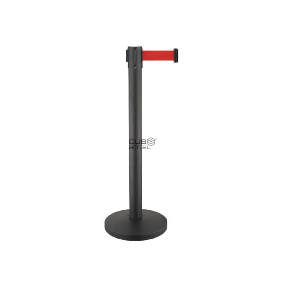 Black queue manager post with red ribbon