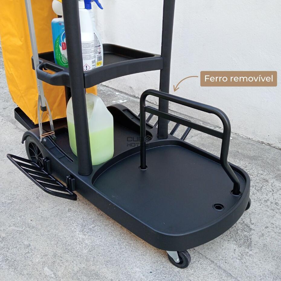 Carro limpeza Multiusos preto com Estantes, Prensa, Saco