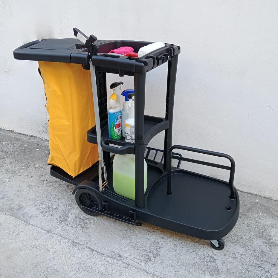 Carro limpeza Multiusos preto com Estantes, Prensa, Saco