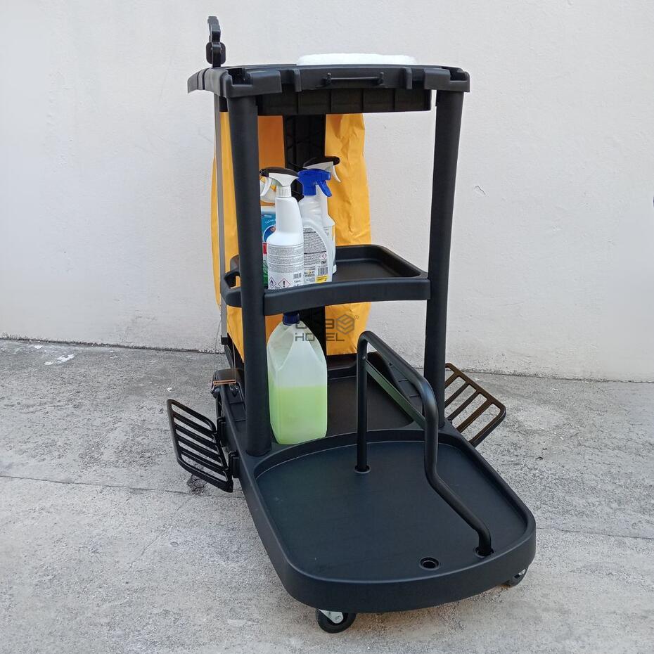 Carro limpeza Multiusos preto com Estantes, Prensa, Saco