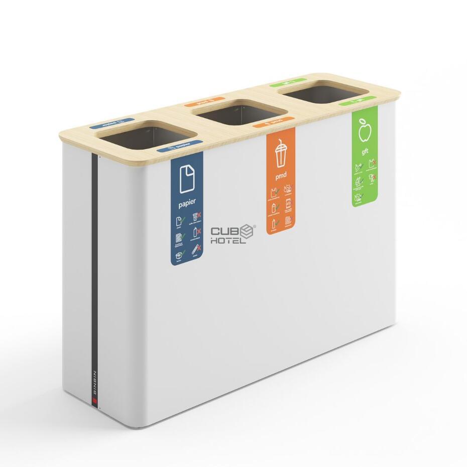 Papelera de reciclaje 3x90L Blanco/Bambú