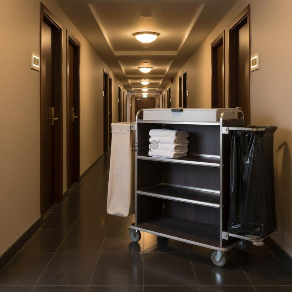 Carro de housekeeping con 4 estantes, saco y soporte para bolsa de basura