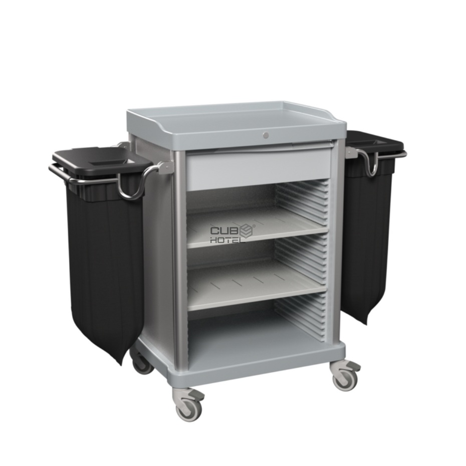 Carro de Housekeeping Gris con 2 Soportes para Bolsas y Cajón