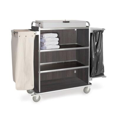 Carro de housekeeping con 4 estantes, saco y soporte para bolsa de basura